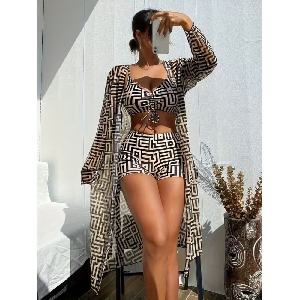 Women's 3 x Piece Mesh Print Swimsuit Set with Long Sleeve Beachwear M NEW
